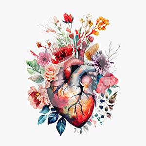 Watercolor human heart floral design. Generative ai