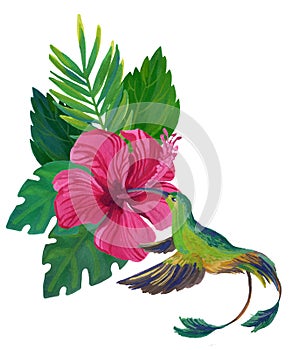 Watercolor humming bird with exotic flowers and leaves