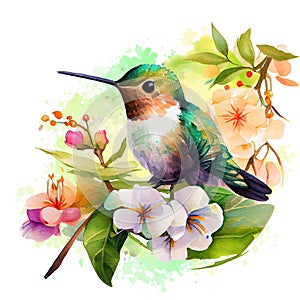 Watercolor hummingbird on blooming branch, spring Flower, hand drawn style isolated on white background.