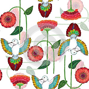 Watercolor Hummingbird  with decorative flowers on white background. Seamless pattern.