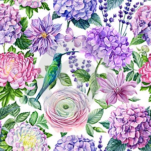 Watercolor hummingbird and flowers, botanical illustration. Floral seamless pattern.