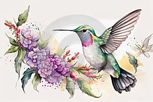 Watercolor hummingbird and flowers. Generative ai