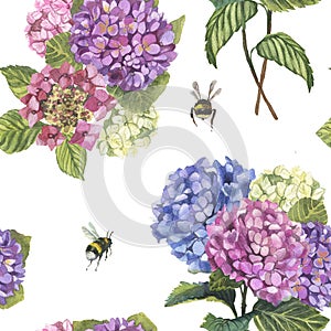 Watercolor hydragenia seamless pattern and branch and bumblebees photo