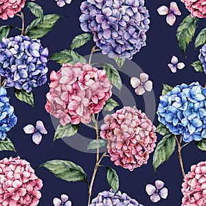 Watercolor hydrangea pattern. Hand painted blue, violet, pink flowers with leaves and branch isolated on dark blue