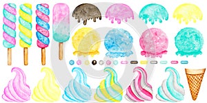 8012 Watercolor ice cream clipart set. Popslice, waffle cone, Scoop, soft ice cream, sprinkling isolated elements