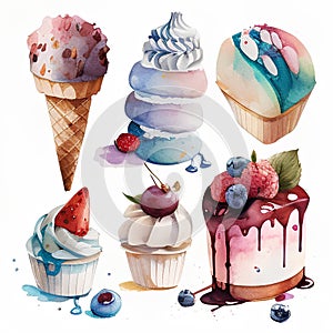 Watercolor ice cream set. Hand drawn illustration isolated on white background