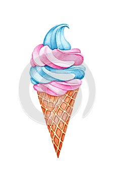 Watercolor ice cream. Sweet for Birthday postcard Greeting card. Dessert for holiday and party. Hand drawn illustration for menu.