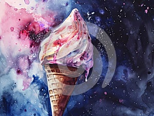 Watercolor ice cream in waffle cone on abstract galaxy background. Generative AI
