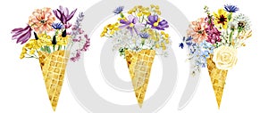 Watercolor ice cream in waffle cone with roses flowers, wildflowers, field floral, ditsy flower.