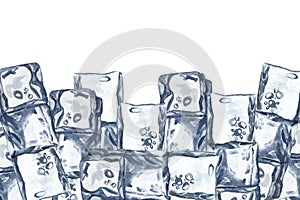 Watercolor ice cubes background, crystal ice blocks frame, isolated border of blue transparent frozen water cubes.