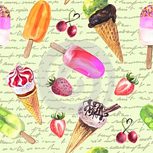 Watercolor icecream seamless pattern photo