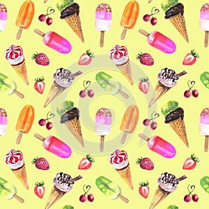 Watercolor icecream seamless pattern photo