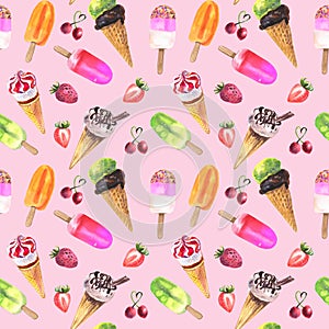 Watercolor icecream seamless pattern. photo