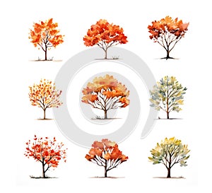 Watercolor icons set of autumn trees with red, orange and green leaves
