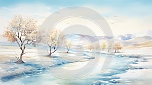 Watercolor Icy A Stunning Winter Landscape Illustration