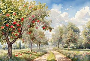 Watercolor idyllic apple orchard