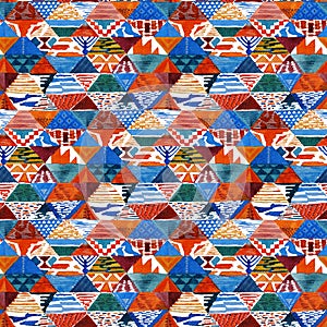 Watercolor ikat kilim patchwork ethnic seamless pattern. photo