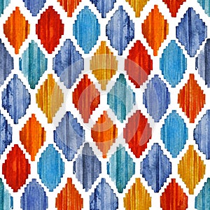 Watercolor ikat seamless pattern. Vibrant ethnic rhombus .