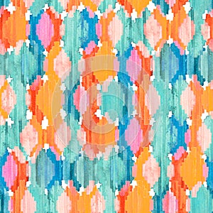 Watercolor ikat seamless pattern. Vibrant ethnic rhombus .