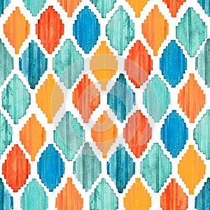 Watercolor ikat seamless pattern. Vibrant ethnic rhombus pattern.