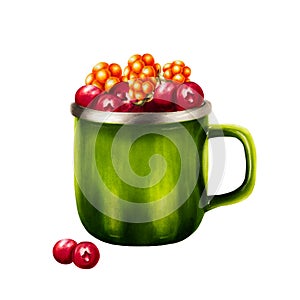 Watercolor illlustration of with cloudberry, lingonberry, cranberry and cowberry in metal green cup. Juicy summer