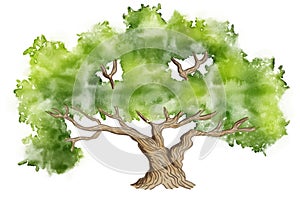 watercolor illuastration of green tree on white background