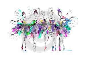 Watercolor illustation. Watercolor silhouettes of ballerinas. Bright spray. Dance. Prima ballerina. photo
