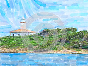 Watercolor illustratiion of Lighthouse at Illa d alcanada on Mallorca Island photo