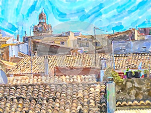 Watercolor illustratiion of village Alcudia in Mallorca island. Spain photo
