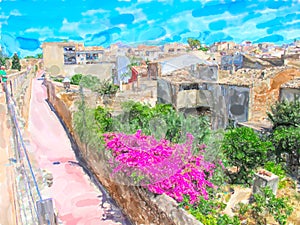 Watercolor illustratiion of village Alcudia in Mallorca island. Spain photo