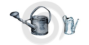 watercolor illustratin. set of metal watering can for watering flowers, retro tools for the garden. isolated on a white background