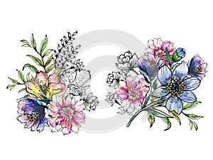 Watercolor illustration abstract flower zinnia wildflower blossom Botanical leaves collection Set of wild and garden wreath bouque