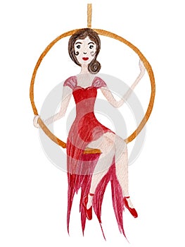 Watercolor illustration, acrobat girl in dress isolated on white background. For various circus, childish products, etc.
