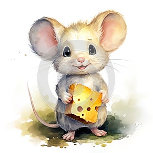 watercolor illustration of an adorable cartoon little mouse holding a piece of cheese in its paws