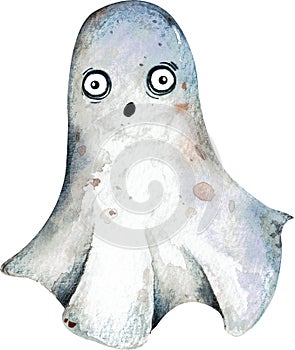 Watercolor illustration of an afraid and fearful flying ghost with big eyes and opened mouth. Children cartoon style