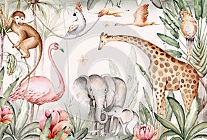 Watercolor illustration of African Animals: elephant and monkey, cockatoo, wild parrot and giraffe, flamingo isolated white