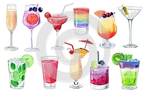 Watercolor illustration with alcohol cocktails isolated on white background. Color fruit drink in glass.