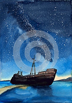 Watercolor illustration of an ancient grounded ship with a dark blue night sky