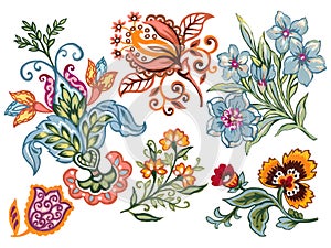 Watercolor Illustration ancient indian style paisley eastern folk blooming botanical elements isolated