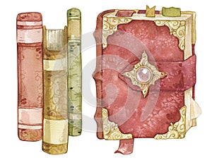 Watercolor illustration of an ancient magic book of spells and a stack of alchemy books. Isolated on white background.