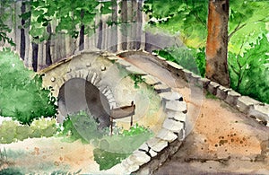 Watercolor illustration of an ancient stone bridge