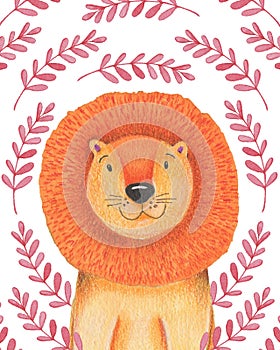 Watercolor illustration animal cute lion on a white background, heart,star,clouds. Hand draw illustration. Valentine`s card.