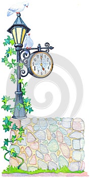 Watercolor illustration. Antique lantern with a clock