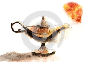 Watercolor illustration of antique mysterious oil lamp with fiery red smoke cloud isolated on white background. Hand drawn sketch