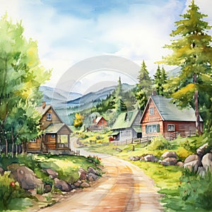 Watercolor Illustration Of Apgar Village On Mountain Road