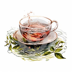 Watercolor Illustration Of Armudu Tea With Fresh Leaves