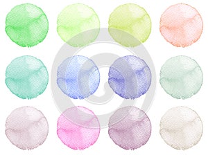 Watercolor Illustration for artistic design. Round stains, blobs of blue, red, green, brown color