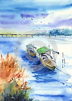 Watercolor illustration of an Asian landscape with two fishing boats on a river with a bridge