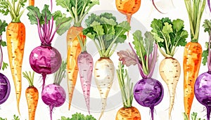 Watercolor Illustration of Assorted Root Vegetables Seamless Pattern