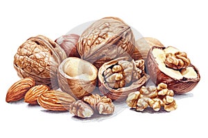 Watercolor illustration of an assortment of nuts, including walnuts, almonds, and hazelnuts, scattered on a white